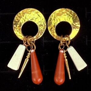 Vintage goldtone, hammered bohemian chic dangle pierced earrings